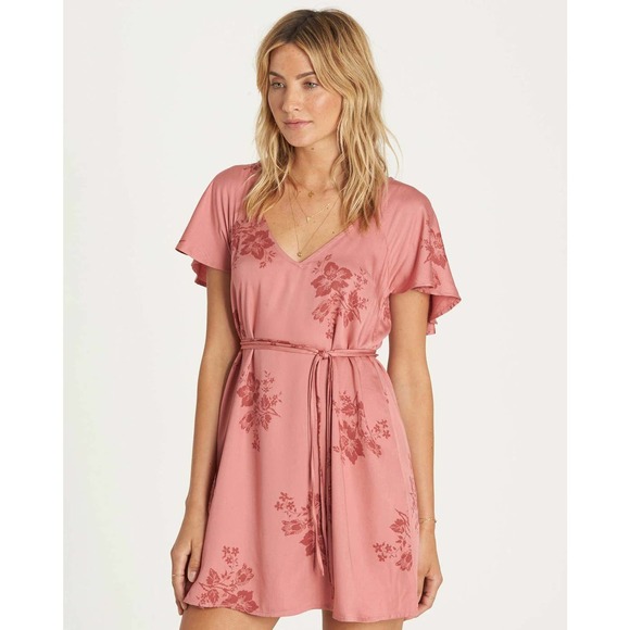 Billabong Mini Dress Small Pink Fine Flutter Floral Short Sleeve A-Line - Picture 14 of 14